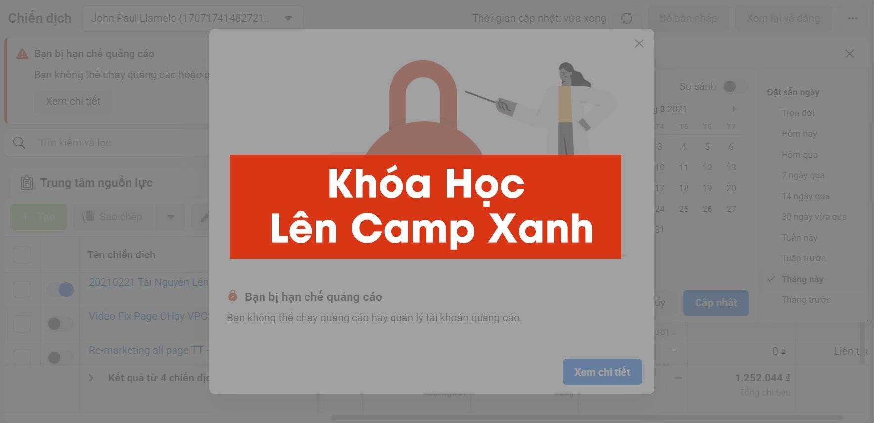 khóa học lên camp xanh và xây dựng số lượng lớn tài khoản quảng cáo